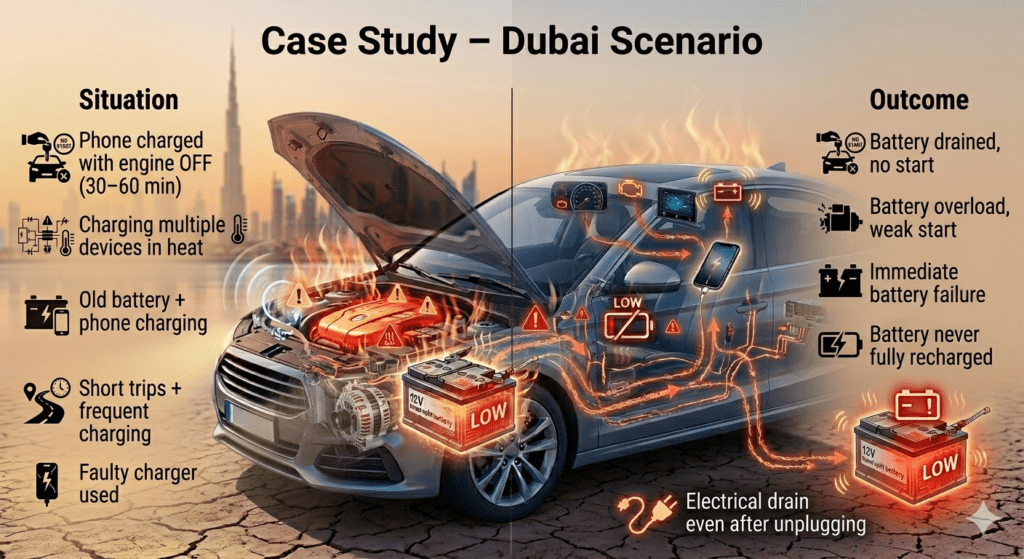 Dubai case study showing car battery drain after phone charging with different situations and outcomes
