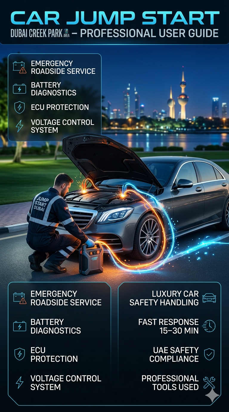 Professional car jump start service in Dubai Creek Park area showing luxury vehicle battery boost with technician, emergency roadside assistance infographic style.