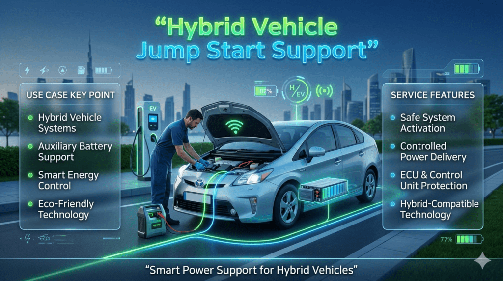 Hybrid vehicle jump start support showing technician activating auxiliary battery system in Toyota Prius or Lexus Hybrid with controlled energy flow