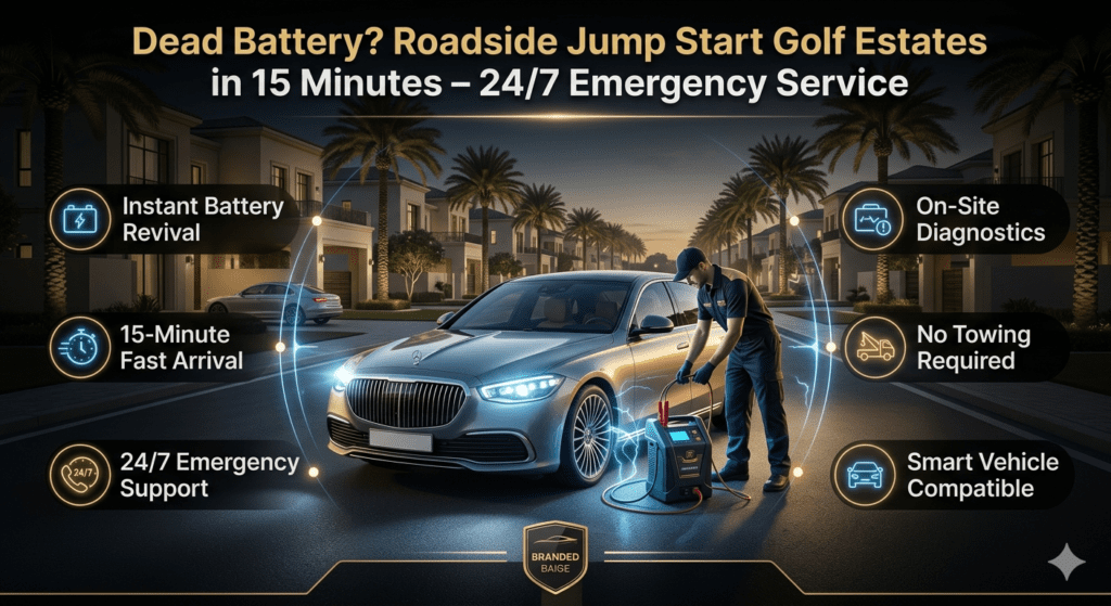 Roadside jump start service in Golf Estates Dubai with technician reviving a dead car battery in a luxury residential area within 15 minutes