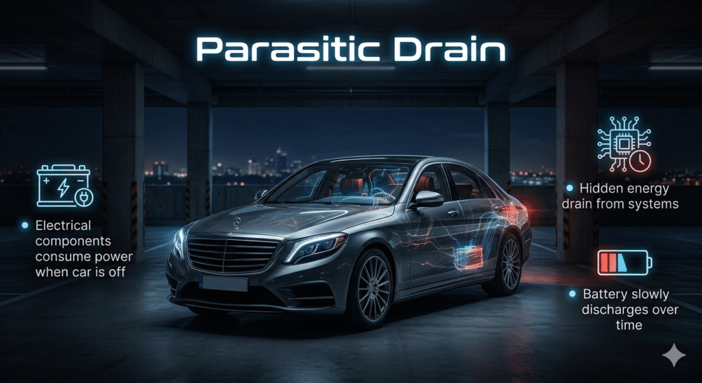 Parasitic Drain Infographic showing parasitic drain where electrical components consume power even when the car is off