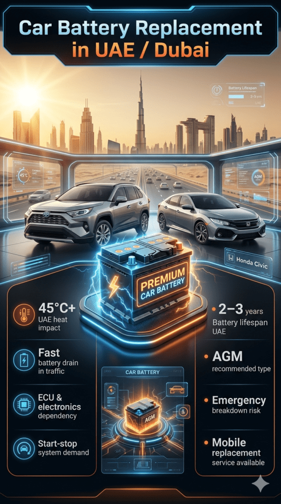 Car Battery Replacement in UAE Dubai infographic showing Toyota RAV4 and Honda Civic with premium battery replacement guide, heat impact points, and maintenance information.