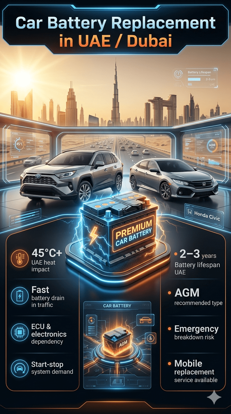 Car Battery Replacement in UAE Dubai infographic showing Toyota RAV4 and Honda Civic with premium battery replacement guide, heat impact points, and maintenance information.
