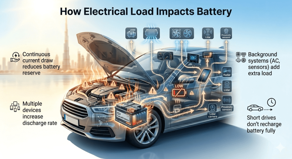 Electrical load impact on car battery showing power drain from phone charging, AC system, and multiple devices