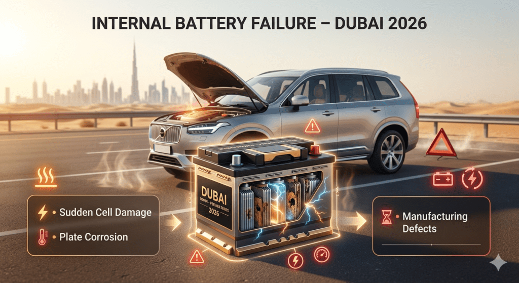 Car battery internal failure in Dubai showing damage, corrosion, and manufacturing defects with breakdown scenario