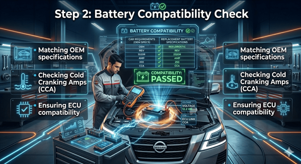 Car battery compatibility check process showing OEM specification matching, CCA testing, and ECU compatibility verification in a professional automotive service infographic.