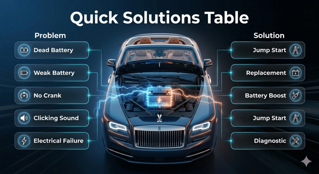 Infographic table showing car battery problems and quick solutions, including jump start, battery replacement, and diagnostic inspection, displayed around a central car image.