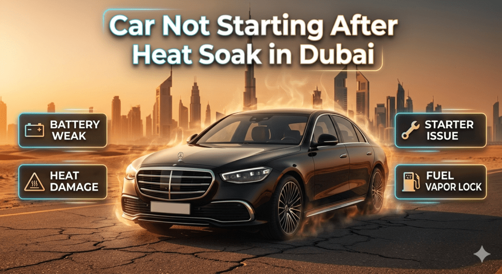 Luxury car in Dubai heat with “Car Not Starting After Heat Soak” title, surrounded by side bullet points explaining battery, starter, and heat-related issues.