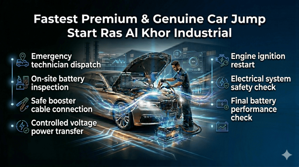 Car jump start process in Ras Al Khor Industrial showing technician performing step-by-step battery boosting and safety checks.