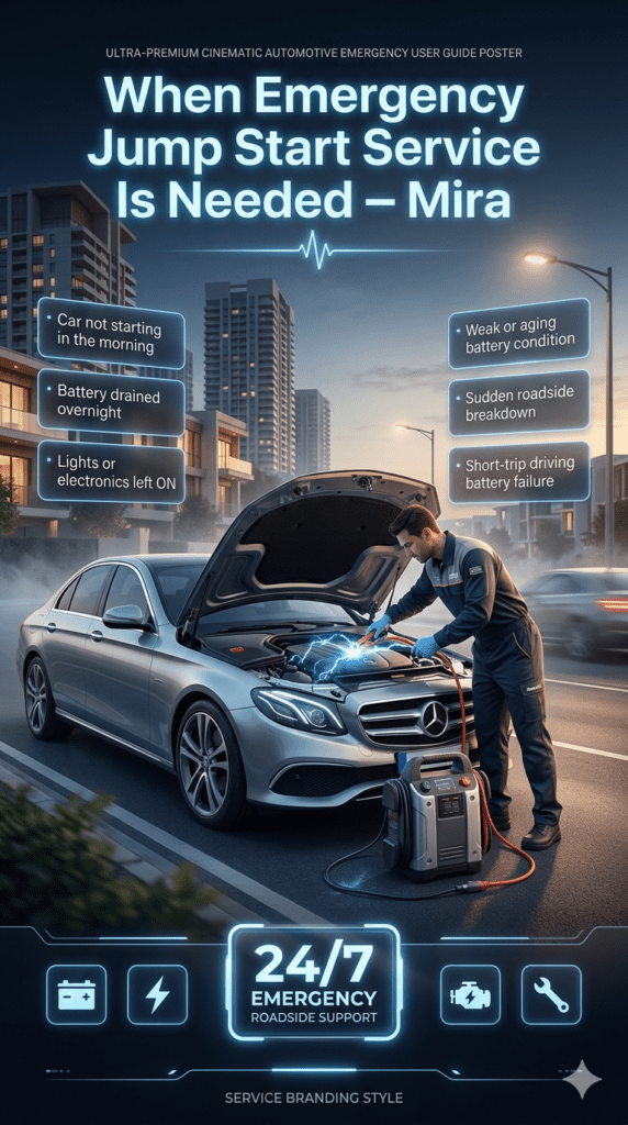 Emergency jump start service in Mira showing common breakdown situations like morning no-start, battery drain, weak battery, and roadside failure with technician assisting car.