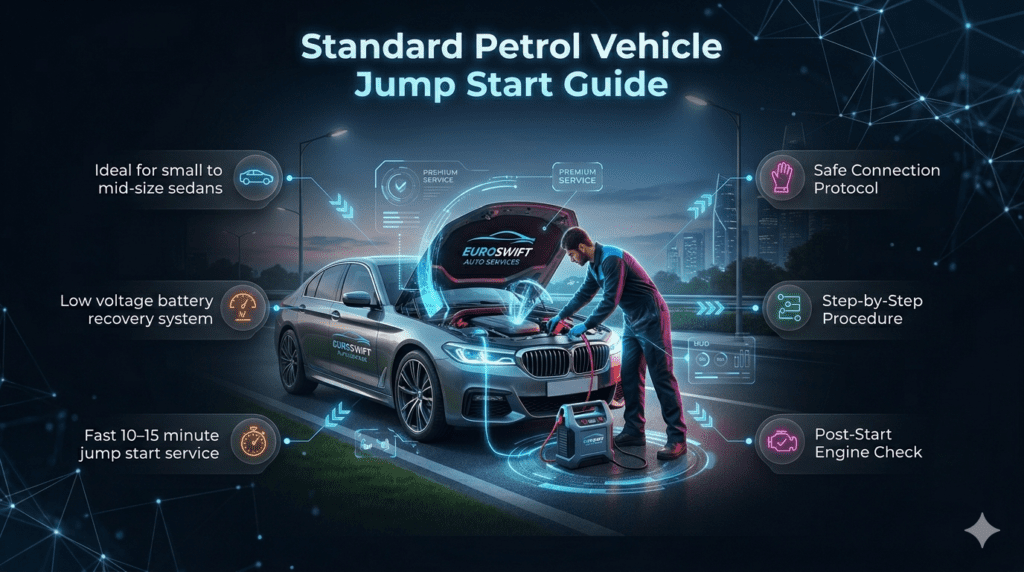 Infographic showing petrol car jump start process with technician using portable jump starter and highlighting fast 10–15 minute roadside service.