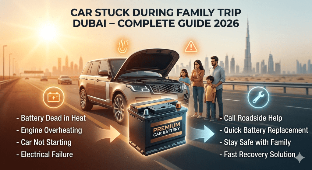 Family car broken down on Dubai highway due to battery failure with visual guide showing causes and solutions during a family trip