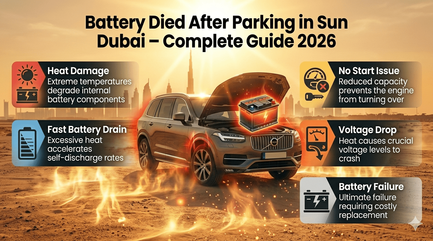 Car battery dead after parking in Dubai sun showing heat damage and battery failure