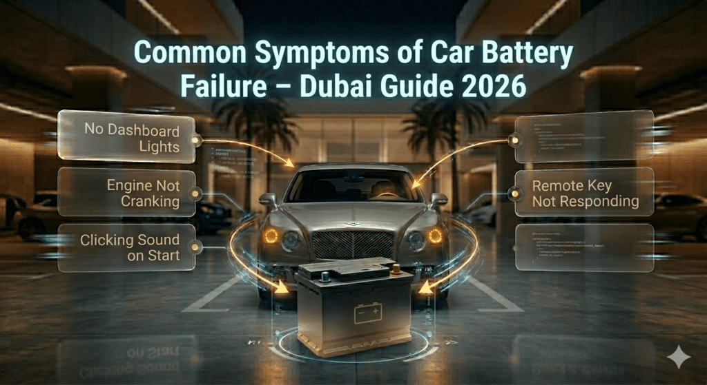 Car battery failure symptoms infographic showing no dashboard lights, no crank, clicking sound, and remote key failure in Dubai.
