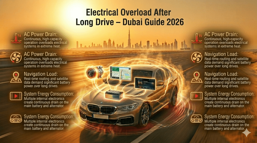 Car electrical overload in Dubai showing AC navigation and systems draining battery power after long drive
