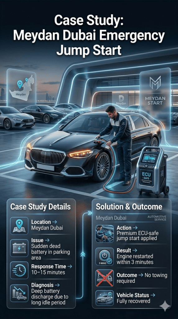 Premium automotive case study infographic showing emergency ECU-safe jump start service in Meydan Dubai parking area with luxury car, fast response, and full vehicle recovery.