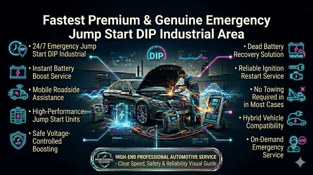 Emergency jump start service in DIP Industrial Area showing technician boosting car battery with key service features.