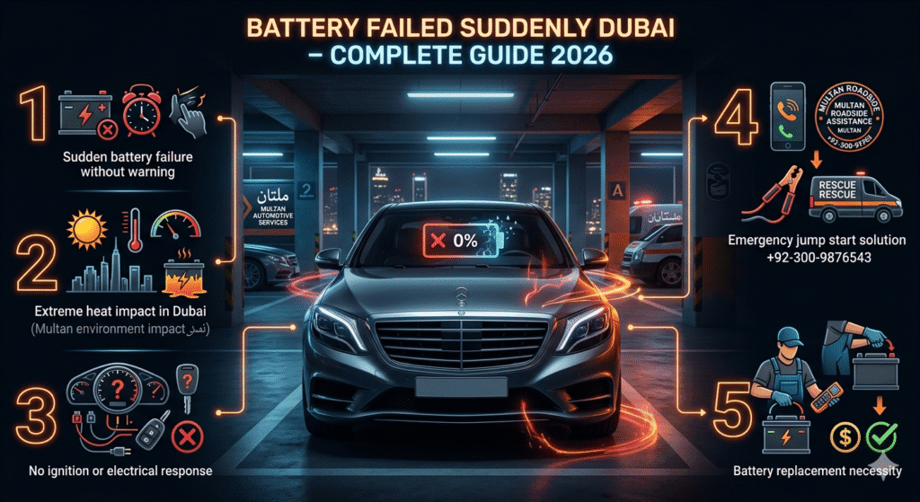 Infographic showing sudden car battery failure in Dubai with warning and solutions