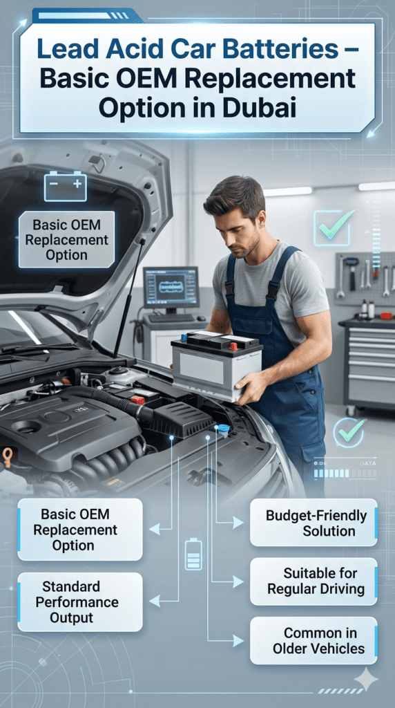 Car battery replacement infographic showing lead acid battery in workshop, basic OEM option, budget-friendly performance, and standard installation in Dubai garage.