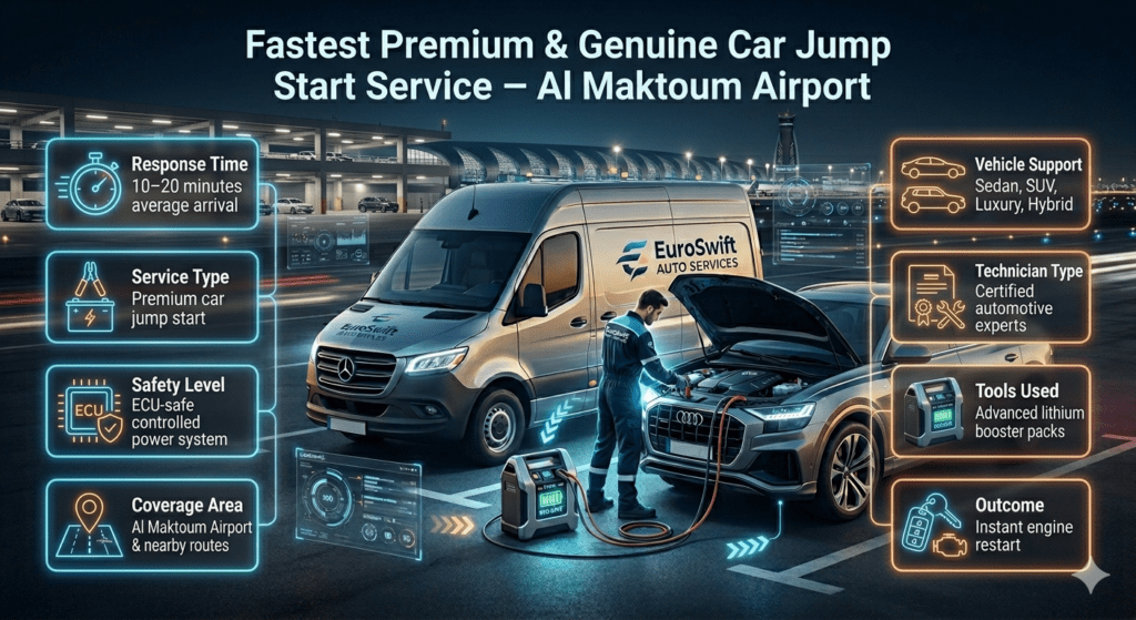 Infographic showing premium car jump start service features at Al Maktoum Airport including response time, ECU safety, coverage area, vehicle support, and instant engine restart by EuroSwift Auto Services.