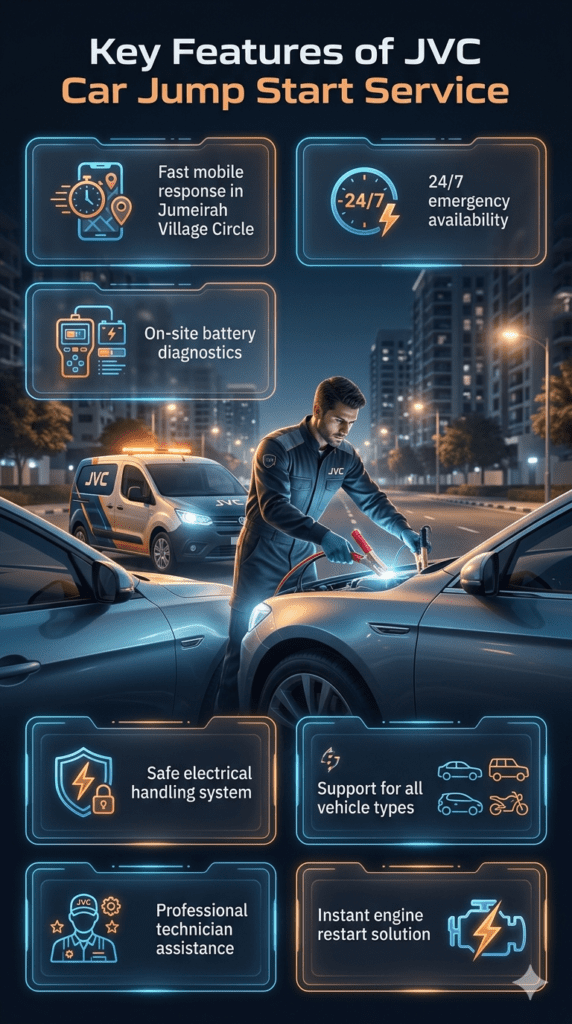 Jumeirah Village Circle car jump start service infographic showing fast response, diagnostics, safe electrical system, technician support, 24/7 availability, and instant engine restart features.