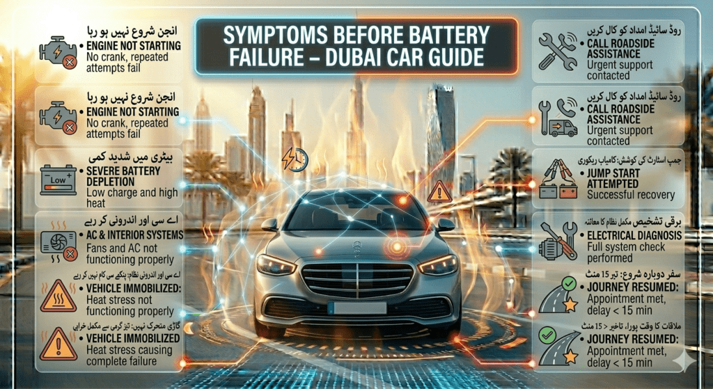 Infographic showing symptoms before car battery failure including slow crank, dim lights, warning signals, and power issues