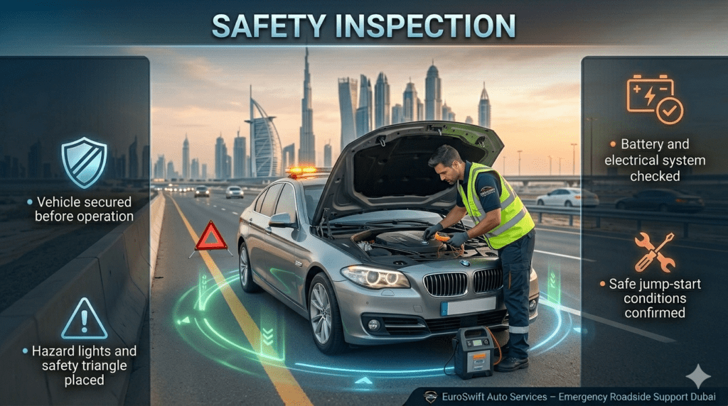 Technician performing safety inspection on a roadside broken-down car with hazard lights and safety setup before jump-start procedure.