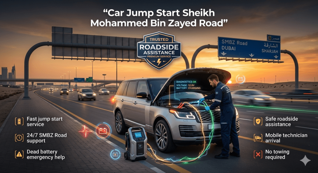car jump start Sheikh Mohammed Bin Zayed Road showing emergency roadside battery boost service with technician helping dead battery on Dubai highway