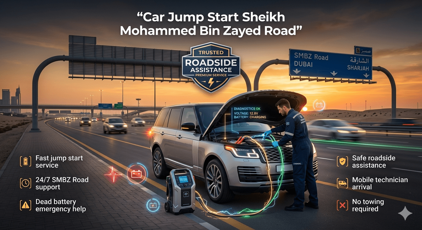 car jump start Sheikh Mohammed Bin Zayed Road showing emergency roadside battery boost service with technician helping dead battery on Dubai highway
