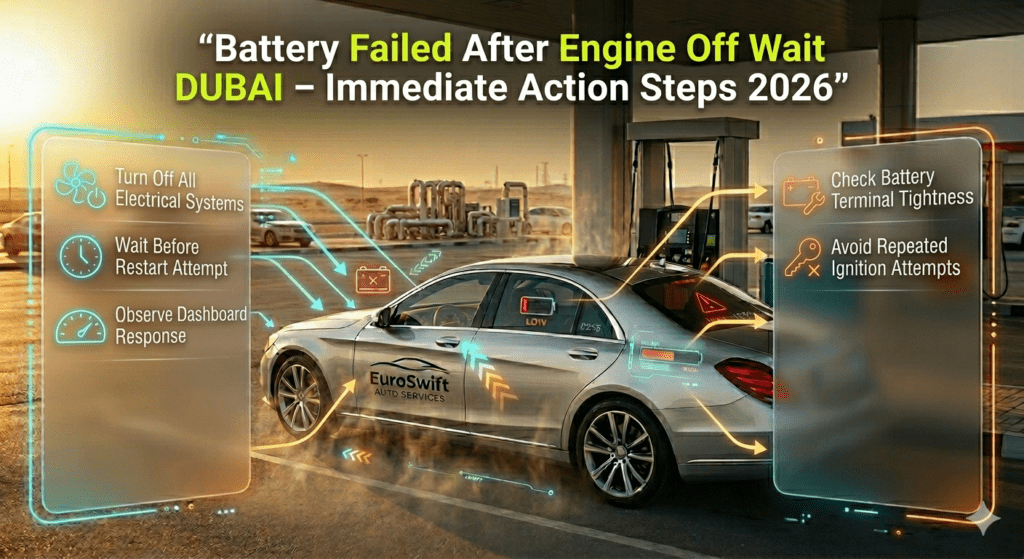 Immediate steps to handle car battery failure after engine off wait in Dubai including turning off systems and checking battery terminals.