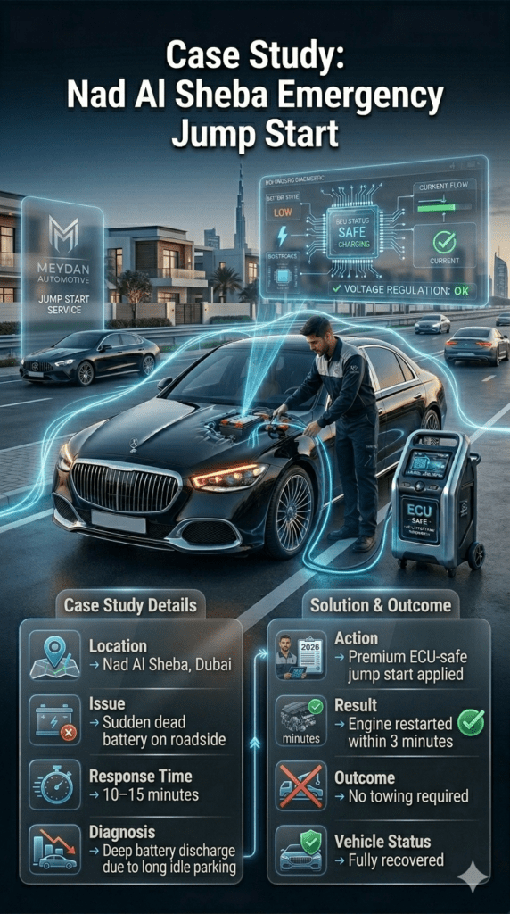 Premium automotive case study infographic showing emergency ECU-safe jump start service in Nad Al Sheba Dubai with fast response, luxury car support, and full roadside recovery.