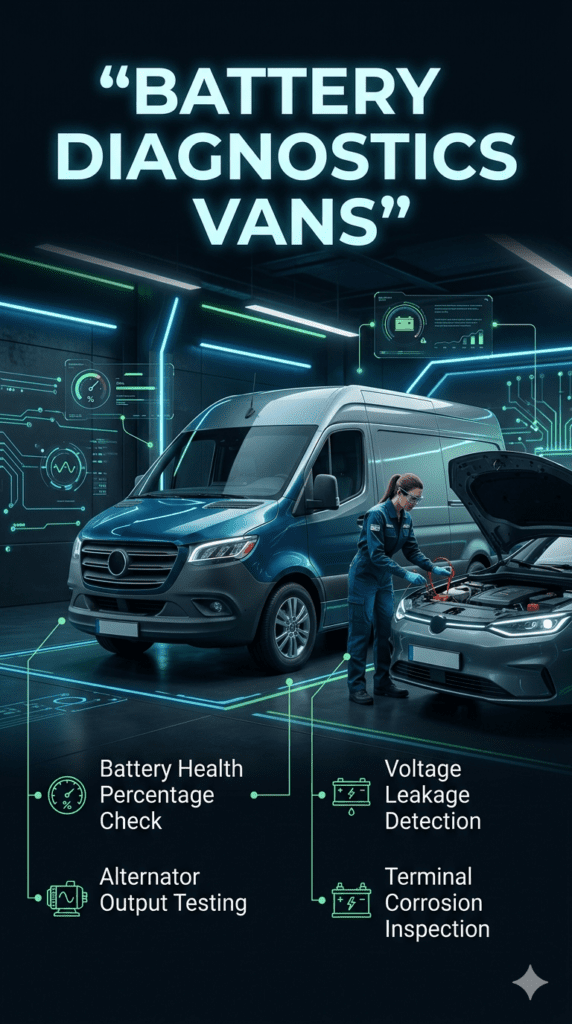 A futuristic automotive service infographic showing a battery diagnostics van performing vehicle battery testing, with labeled features like battery health, alternator output, voltage leakage, and terminal corrosion displayed on the sides.