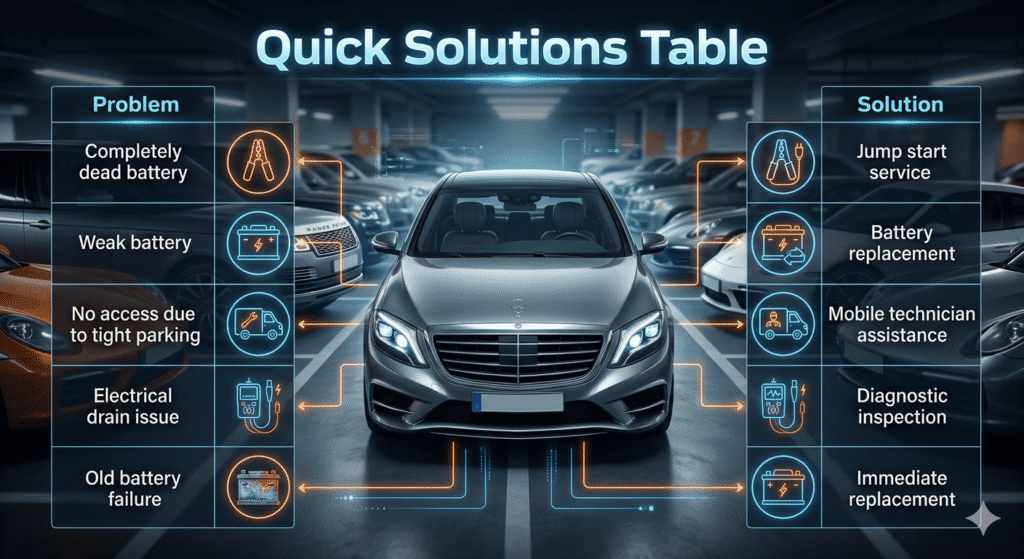 Quick Solutions Table Infographic table showing quick solutions for car battery issues in crowded parking Dubai