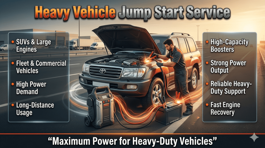 Heavy vehicle jump start service showing technician using high-capacity booster on SUV and commercial vehicle for powerful engine start
