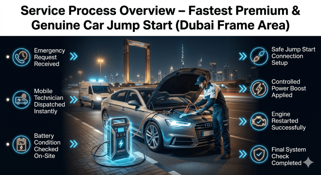 Step-by-step emergency car jump start process shown near Dubai Frame with technician performing safe battery boost and vehicle restart.