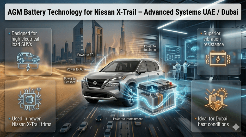 A premium visual guide explaining AGM battery technology in Nissan X-Trail SUVs designed for high-performance driving in UAE heat conditions.