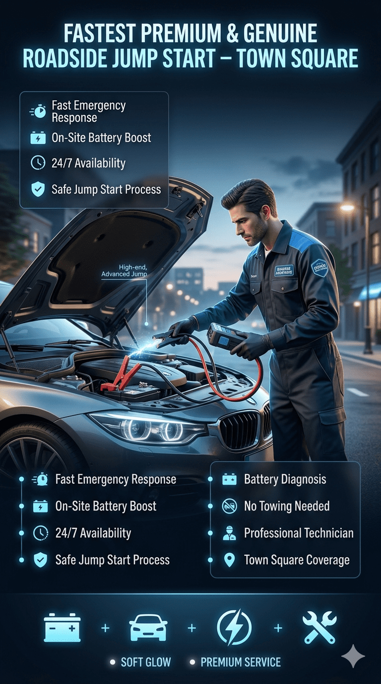 Professional roadside jump start service in Town Square showing technician boosting a car battery with emergency equipment and safety guide points displayed on sides.