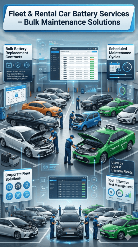 Fleet and rental car battery service showing multiple vehicles in maintenance yard, technicians performing bulk battery replacements, and digital fleet scheduling system.