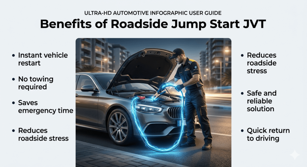 Benefits of roadside jump start service in Jumeirah Village Triangle showing technician boosting a car battery with key advantages displayed around the image.