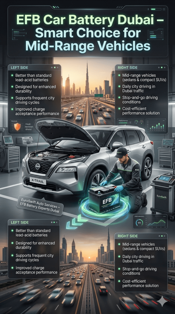 EFB car battery installation guide in Dubai showing mid-range vehicle with technician replacing enhanced flooded battery and infographic features for city driving and durability
