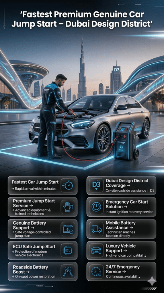 Premium automotive user guide infographic showing fast ECU-safe car jump start service in Dubai Design District with luxury vehicle support, mobile technician assistance, and modern roadside emergency system.