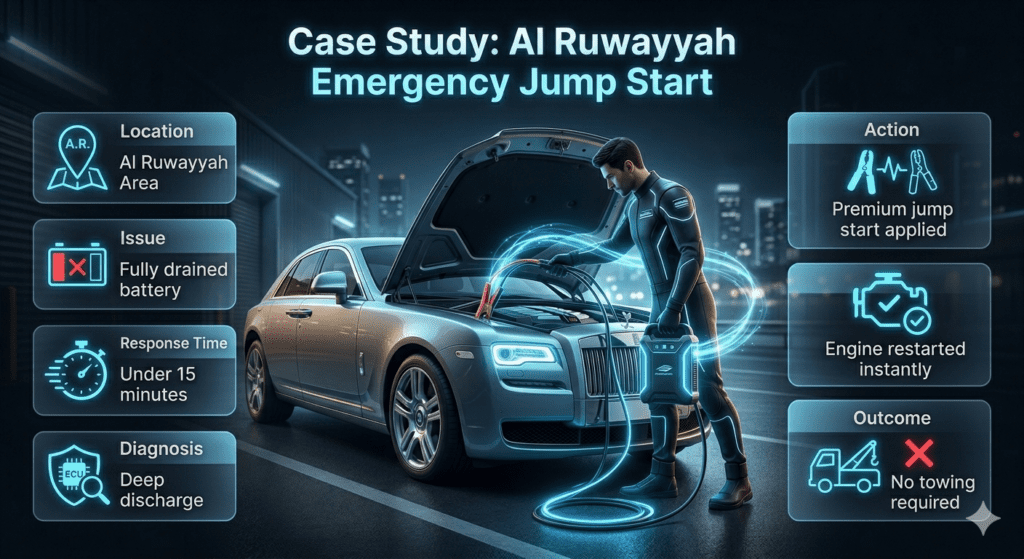 Case study of emergency car jump start in Al Ruwayyah showing technician restoring a drained battery with key details highlighted
