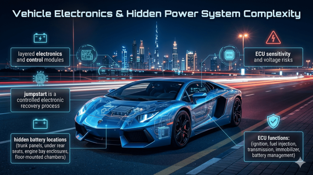 A futuristic infographic showing a Lamborghini with visible internal electronics and hidden battery areas, explaining complex vehicle systems and ECU sensitivity in modern cars.