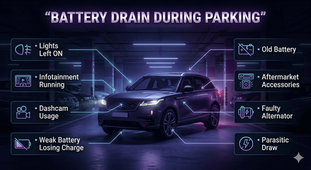 Battery drain during parking caused by lights infotainment dashcam and weak battery