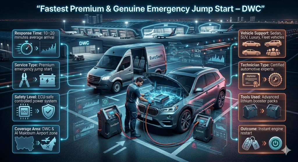 Emergency jump start feature table infographic showing DWC service details including response time, ECU-safe system, vehicle support, tools used, and instant engine restart by EuroSwift Auto Services.