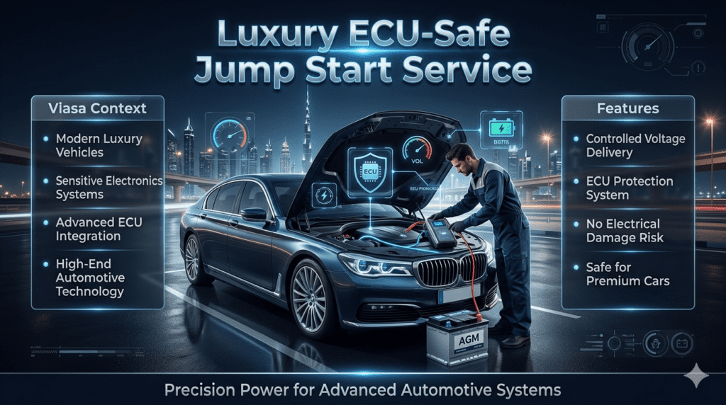 Luxury ECU-safe jump start service showing technician using smart booster on BMW, Mercedes, or Audi with controlled voltage protection