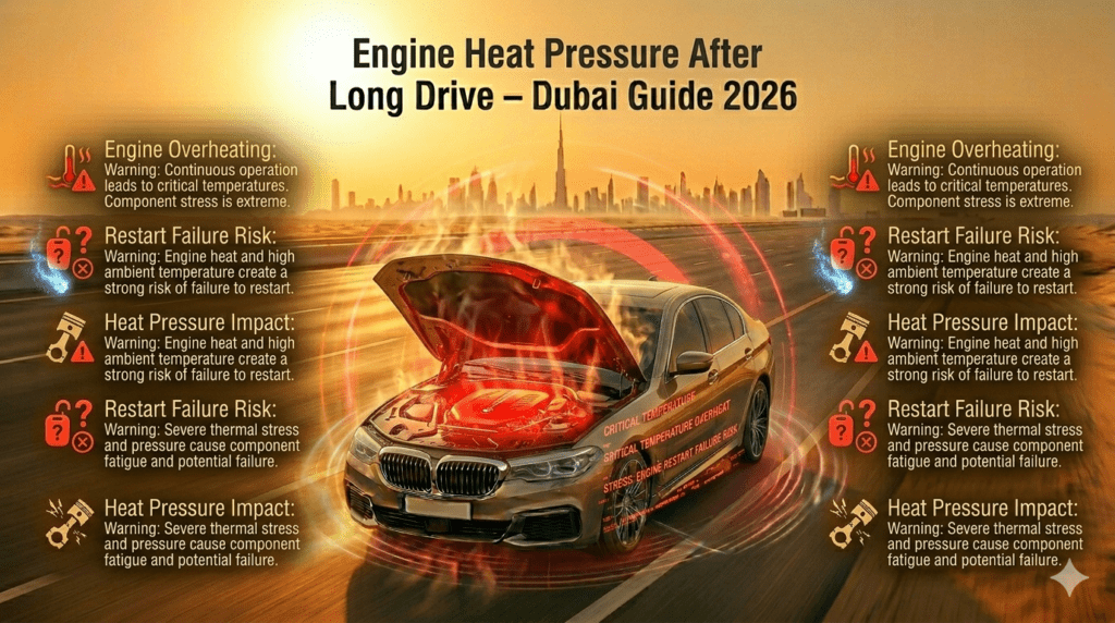 Car engine heat pressure in Dubai after long drive causing overheating and restart failure