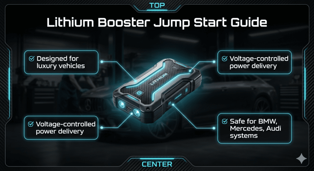 Lithium booster jump starter device infographic showing luxury vehicle compatibility, voltage-controlled power delivery, and safe usage for BMW, Mercedes, and Audi systems in a futuristic automotive guide layout.
