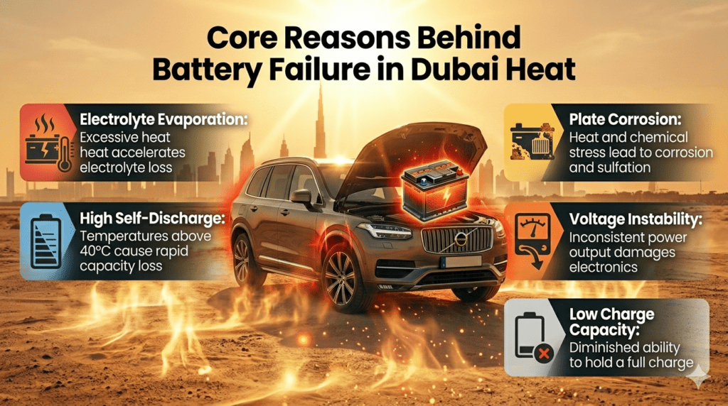 Car battery overheating in Dubai heat showing core reasons like evaporation, corrosion, and voltage instability