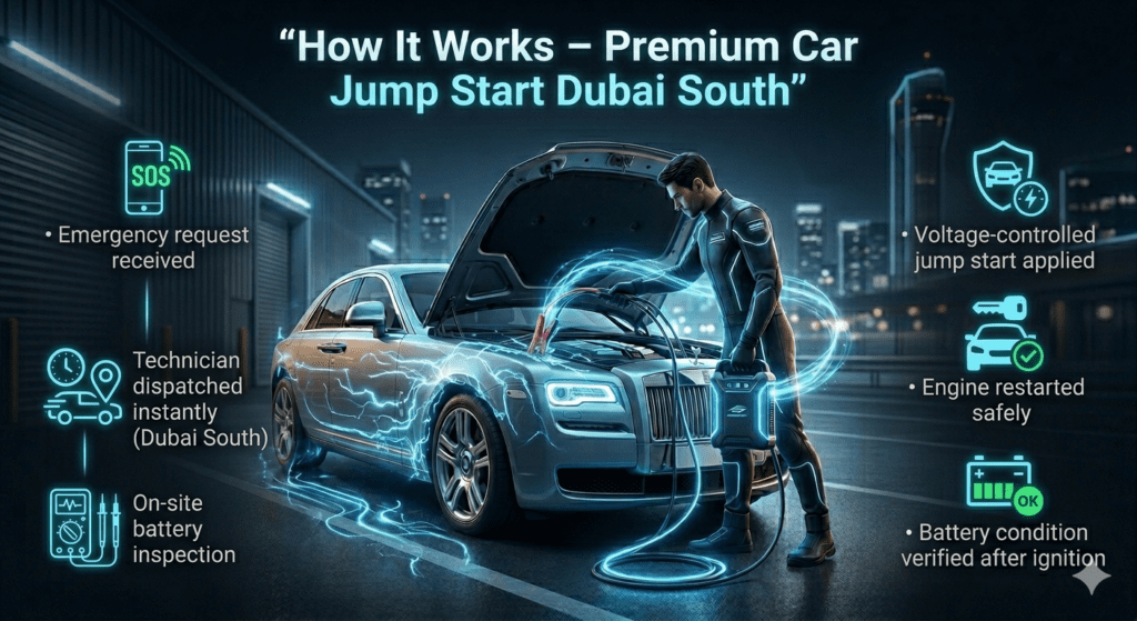 Step-by-step premium car jump start process in Dubai South showing technician performing battery boost on luxury vehicle